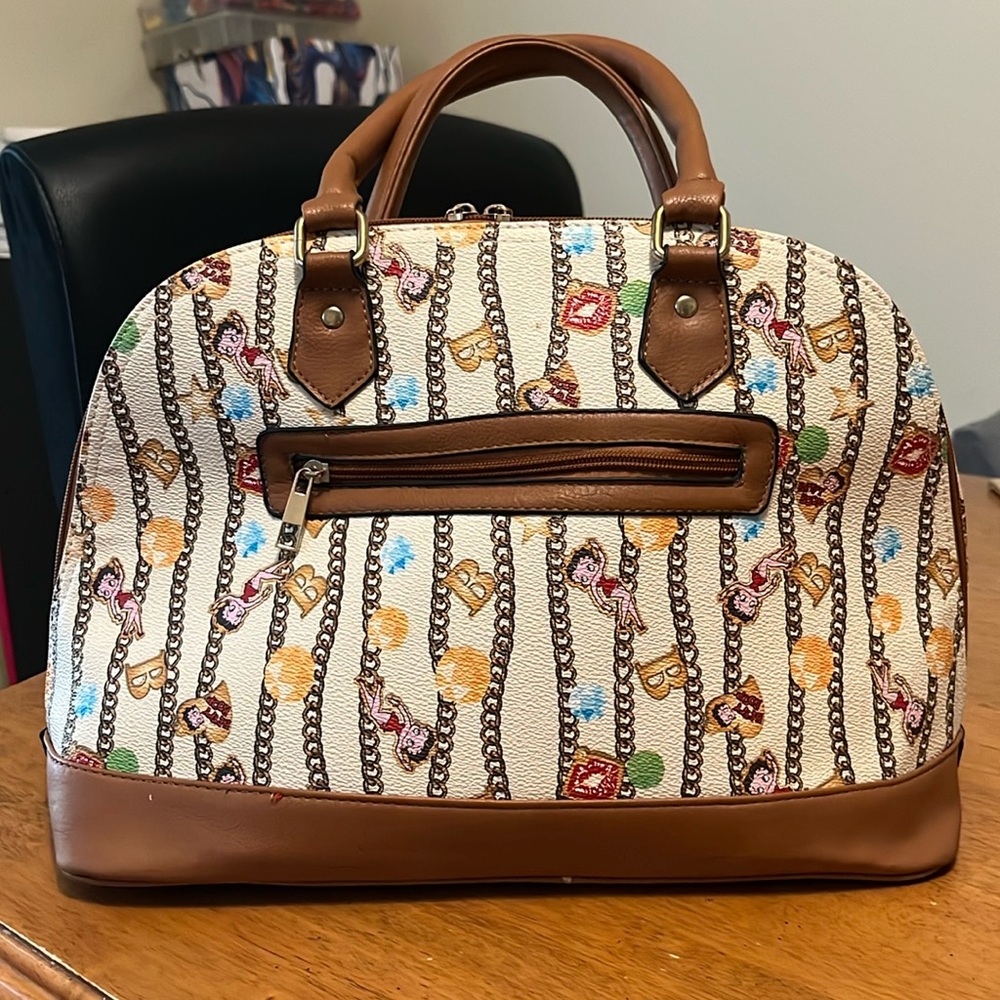 Betty Boop Zippered Handbag Purse Brown Cream Betty on Chains Charms Print